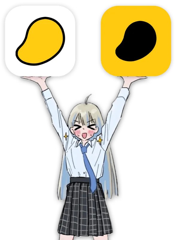 Chica anime sosteniendo los iconos de la app Mango